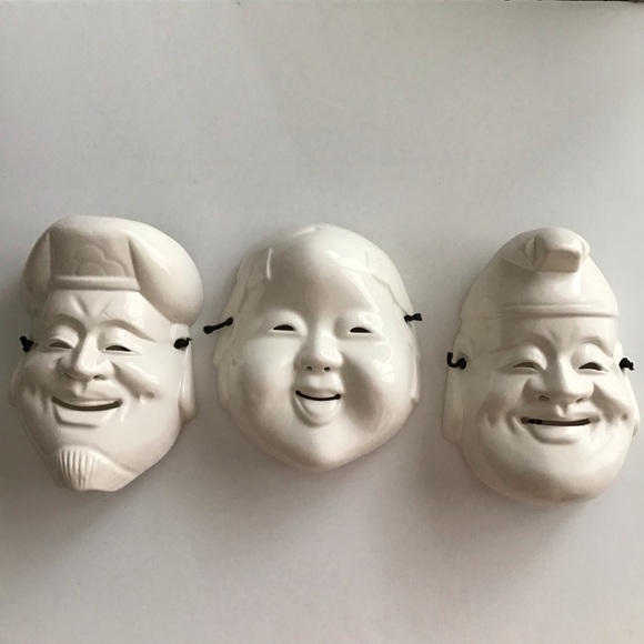 Pier 1 Other - Pier One SET OF 3 White Ceramic Wall Art Masks Japanese Daikoku & Enosis Vintage